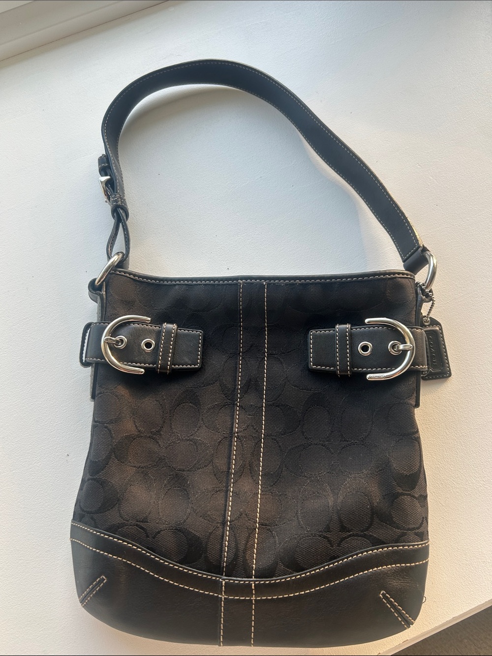 Coach Black Signature Canvas and Leather Shoulder Bag